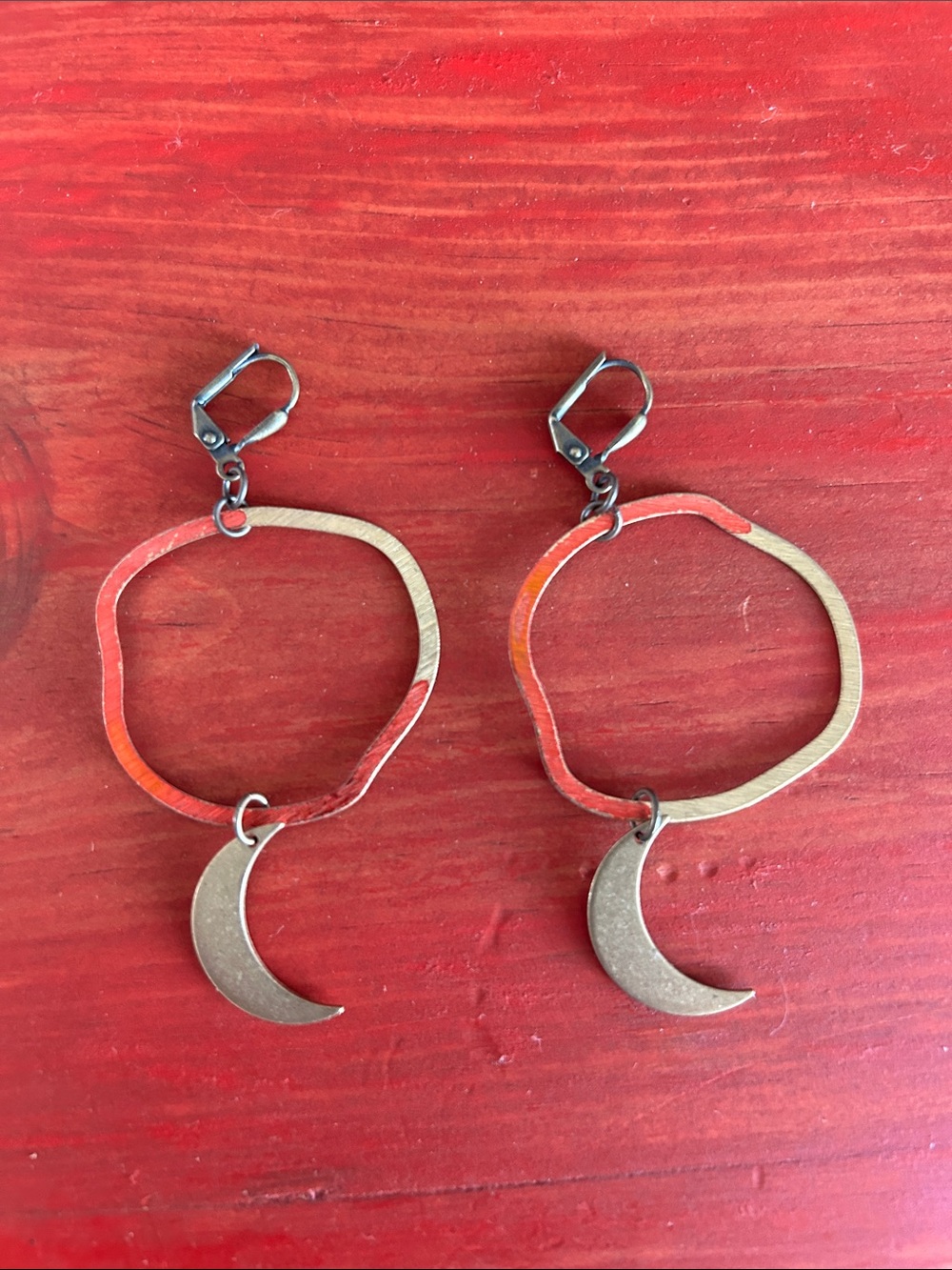 Handcrafted Red Brass Hoop Earrings with Crescent Moon Charm